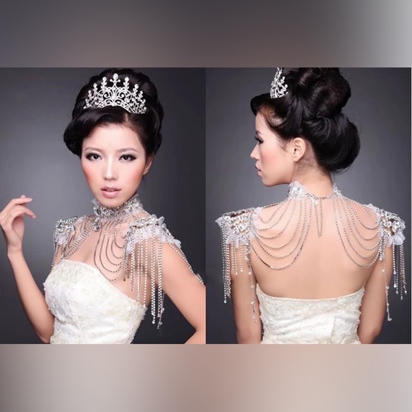 Rhinestone/Tulle Frills Bridal Shoulder Tassel, Glam Coverup for Strapless Dress - Picture 3 of 4